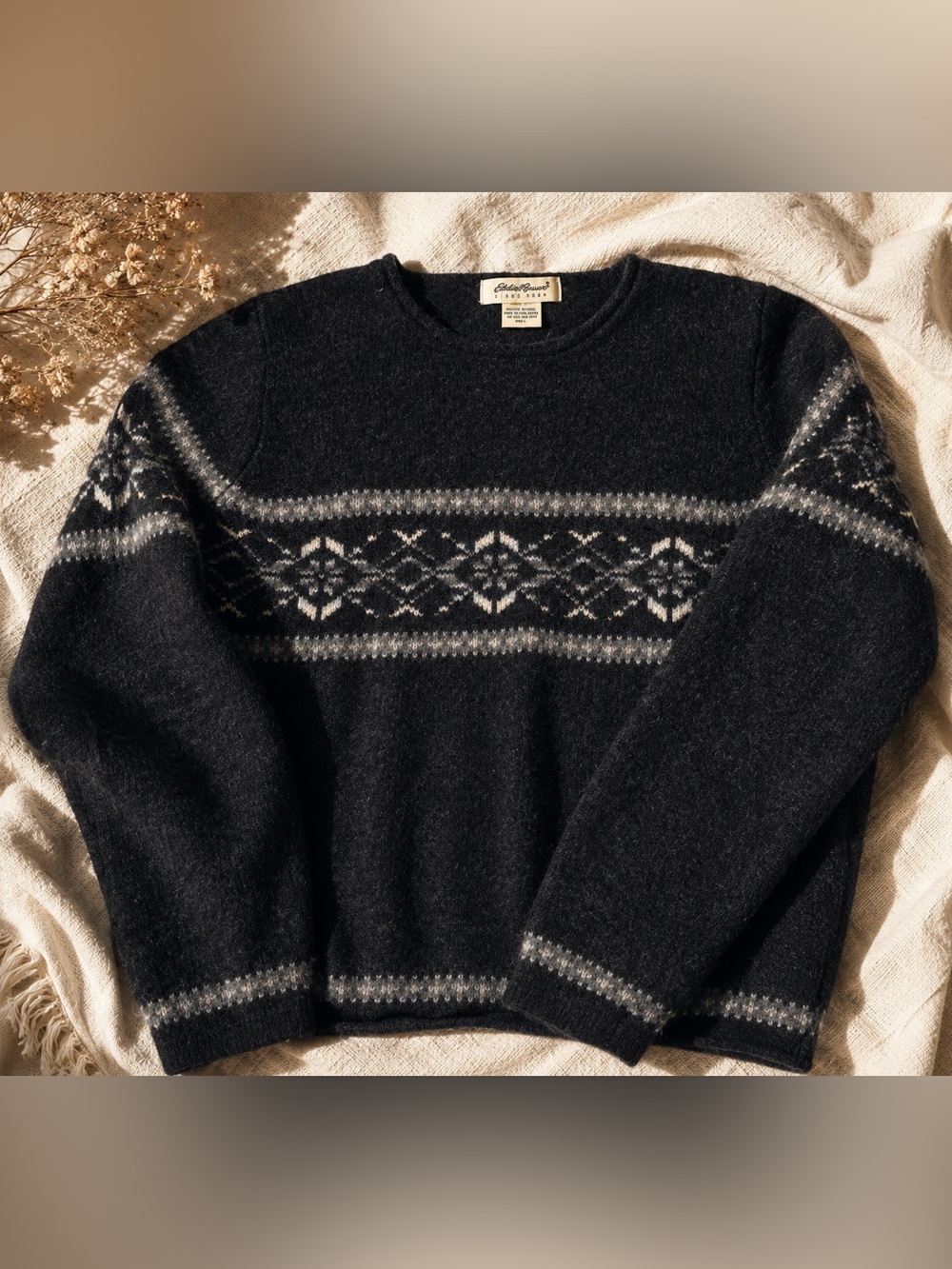 Eddie Bauer woman’s Dark Gray Fair Isle 100% Wool Sweater